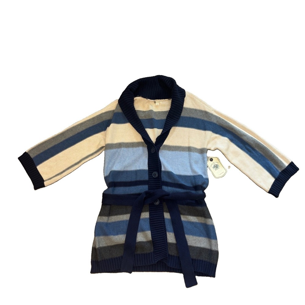 Izod Striped Knit Sweater Sz Lg Blue White Sweater Blouse Cardigan Waist Tie NWT